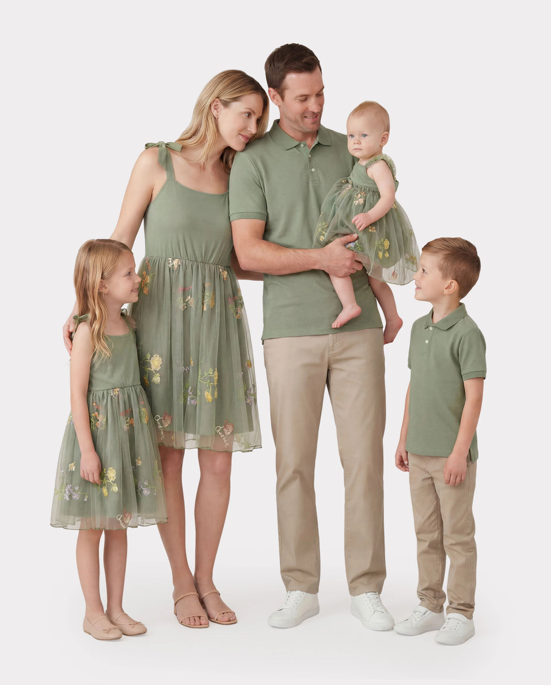 Family Matching Polo Collar Short-sleeve Shirt or V-neck Strappy Mesh Dress  Green