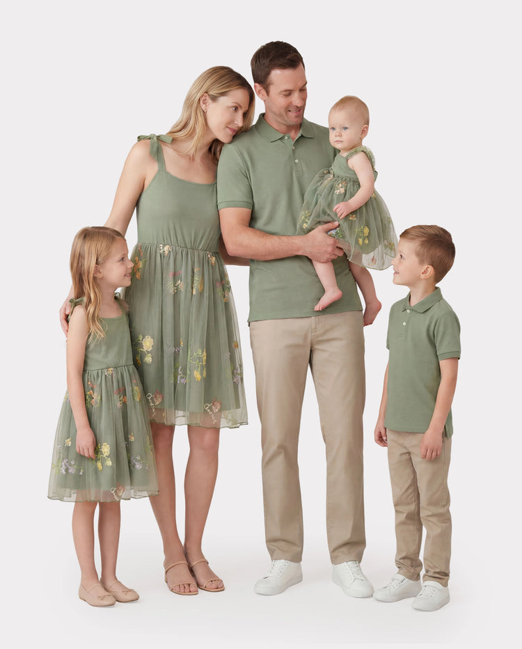 Family Matching Polo Collar Short-sleeve Shirt or V-neck Strappy Mesh Dress  Green