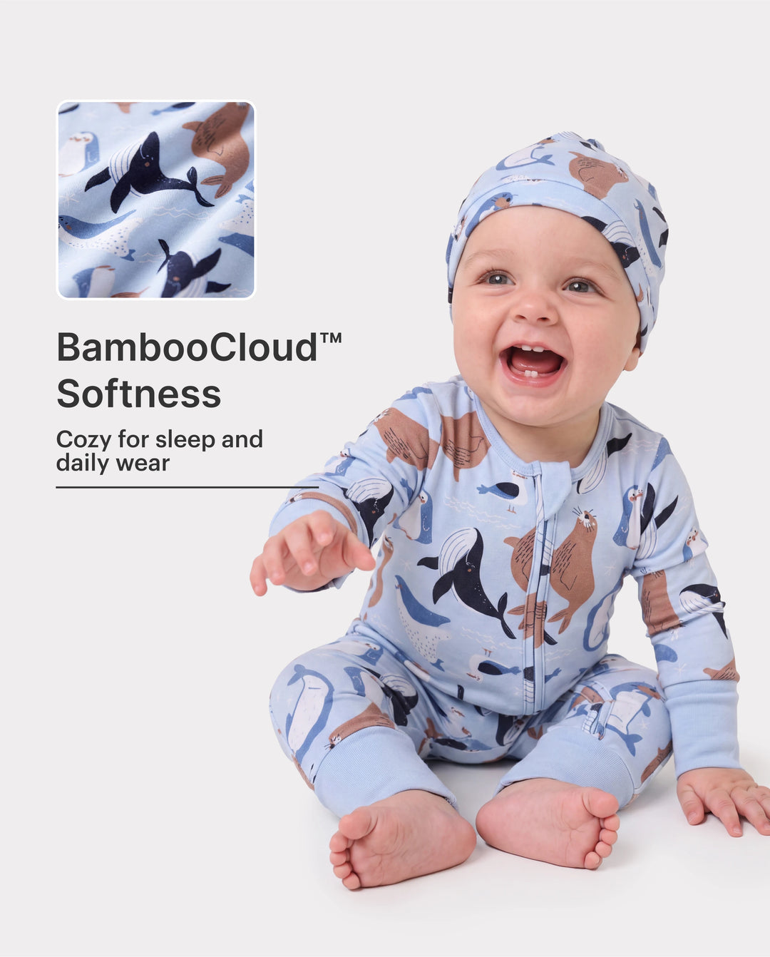 Bamboo Baby Boy/Girl Animal Printed 2-Way Zip Onesies Anti Slip Long-sleeve Footie with Hairband Royal Blue