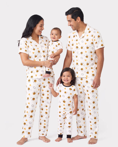 Family Matching Bamboo Pajamas Soft Bamboo Viscose PJs for Men Women Kids Toddler, Cute Bee Print Sleepwear with Short Sleeve Top and Long Pants White