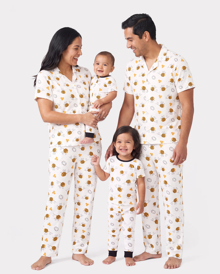 Family Matching Bamboo Pajamas Soft Bamboo Viscose PJs for Men Women Kids Toddler, Cute Bee Print Sleepwear with Short Sleeve Top and Long Pants White
