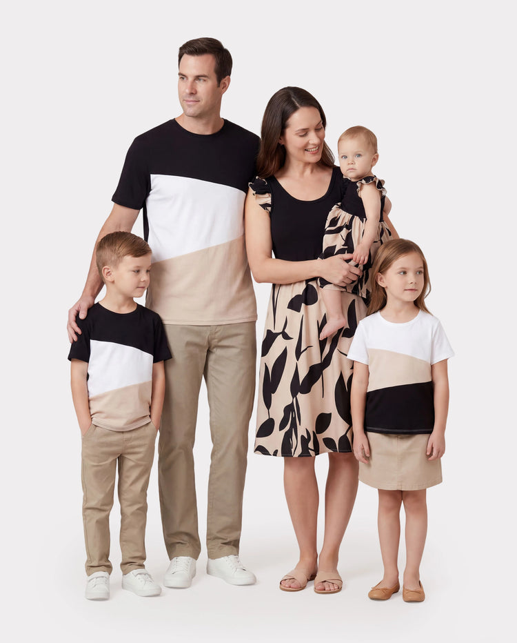 Family Matching Cross Back Floral Strap Dress and Colorblock Top Sets Black