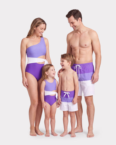 Maillot de bain familial assorti à blocs de couleurs ou maillot de bain une pièce à une épaule avec nœud latéral (séchage rapide) ColorBlock