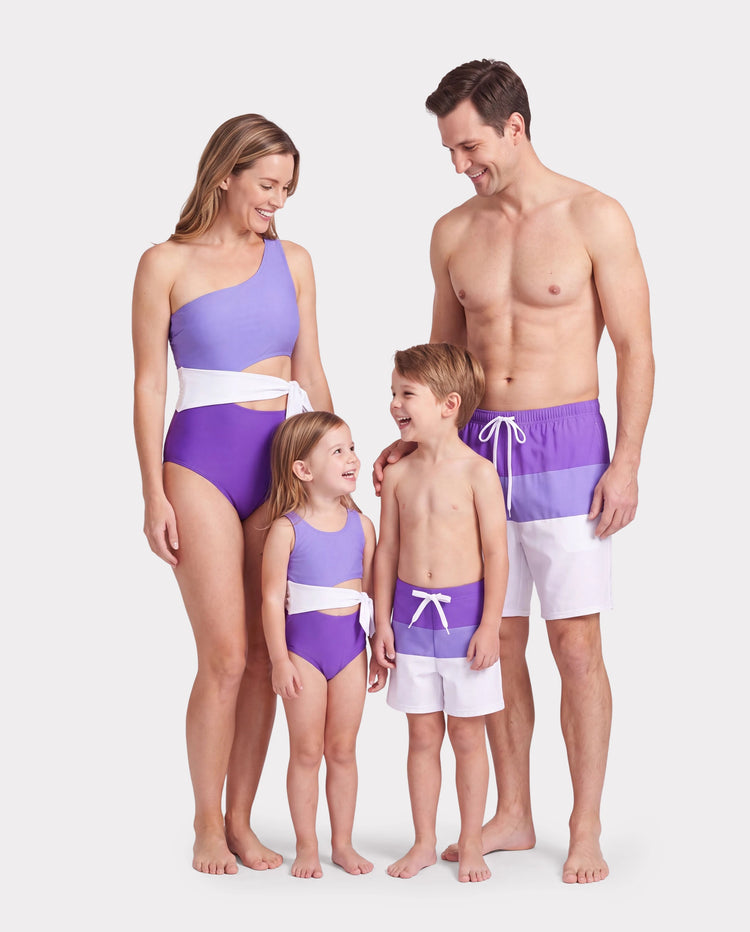 Familienpassende Colorblock-Badehose oder einteiliger Badeanzug mit einem Schulterknoten (schnell trocknend) Farbblock