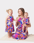 Mommy & me Hawaiian Outfits Tropical Floral Print Vacation Clothes Strap Belted Dress Navy
