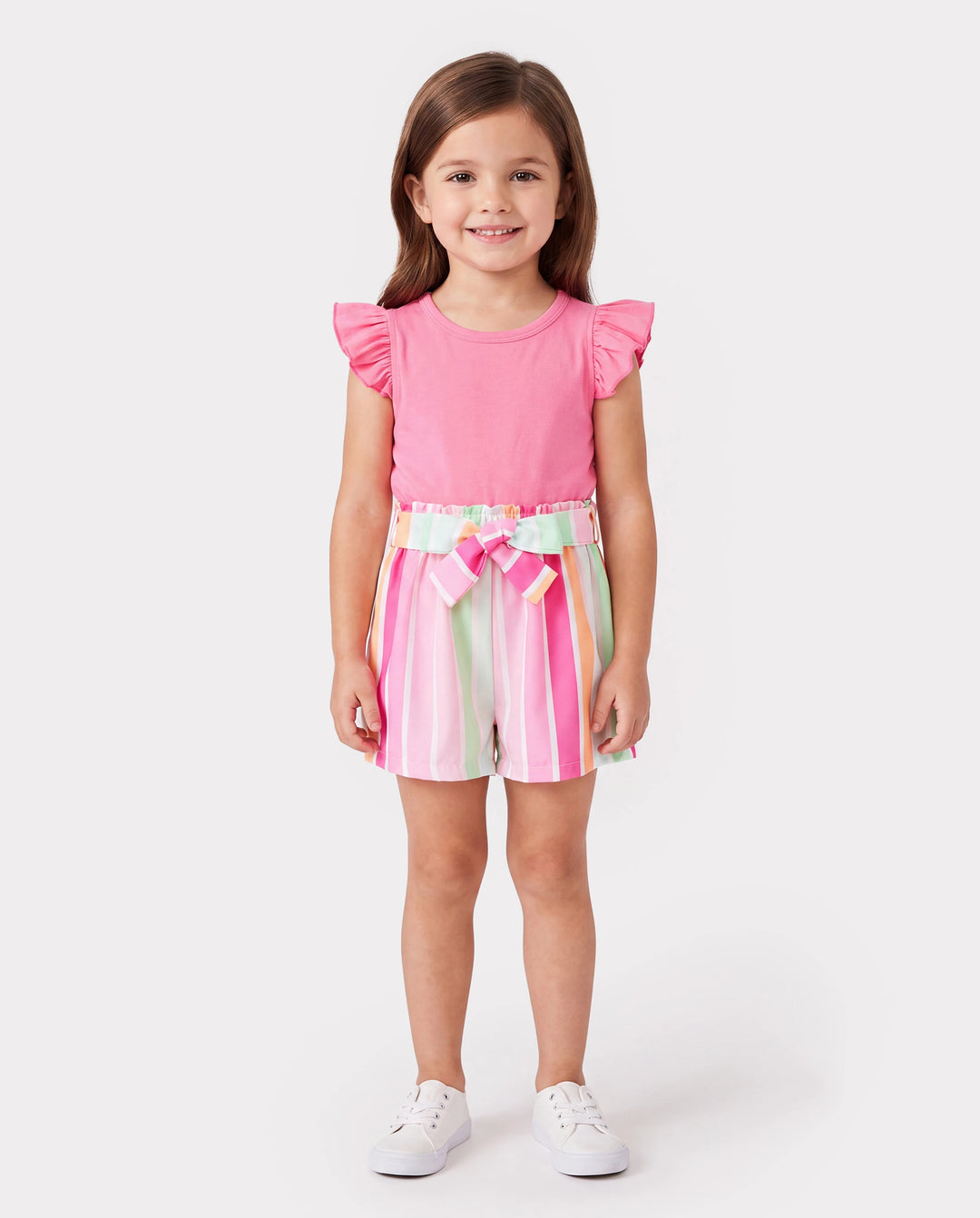 2pcs Toddler Girl Sweet Flutter-sleeve Tee and Stripe Belted Shorts Set Hot Pink