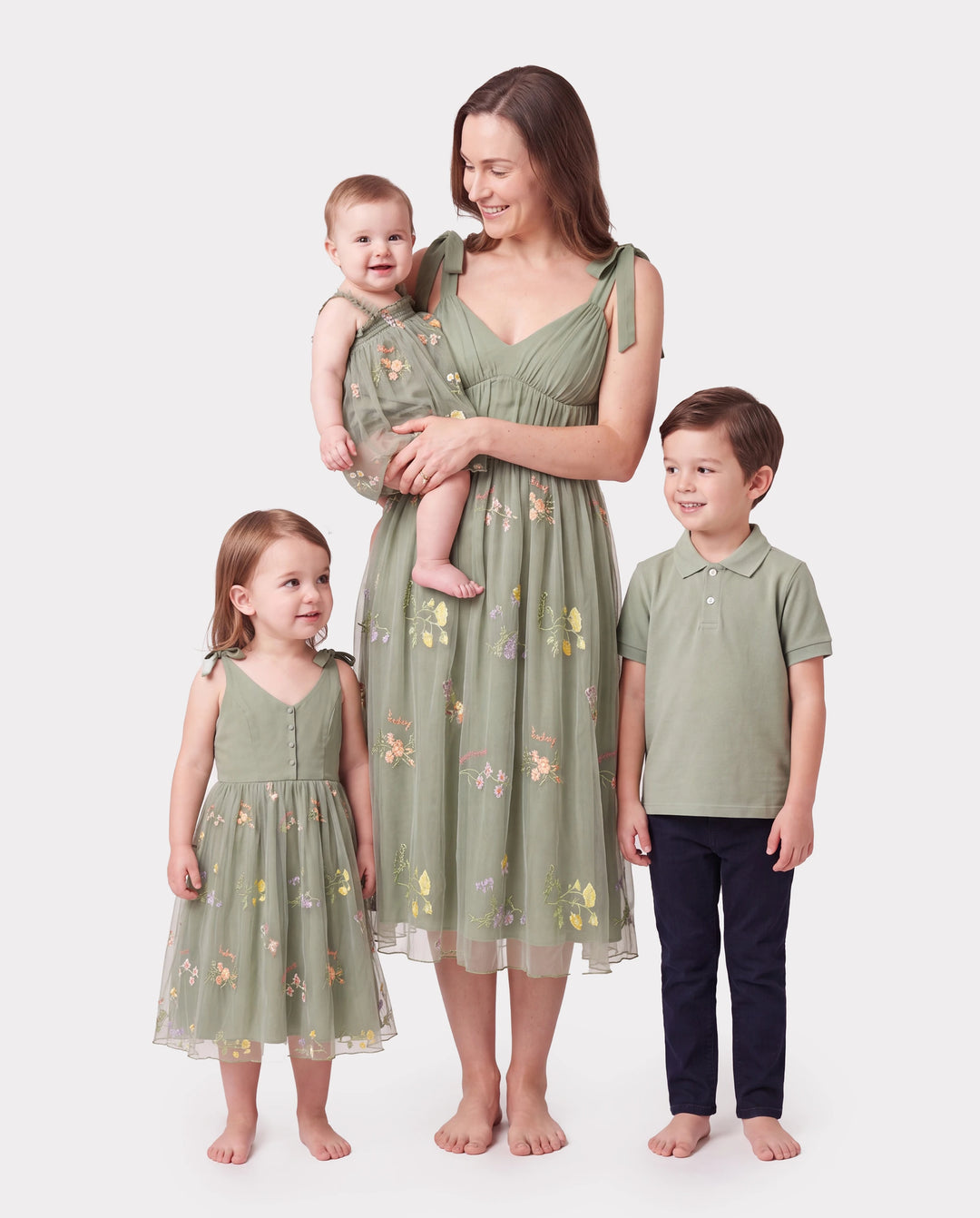 Mommy & me Polo Collar Short-sleeve Shirt or V-neck Strappy Mesh Dress Green