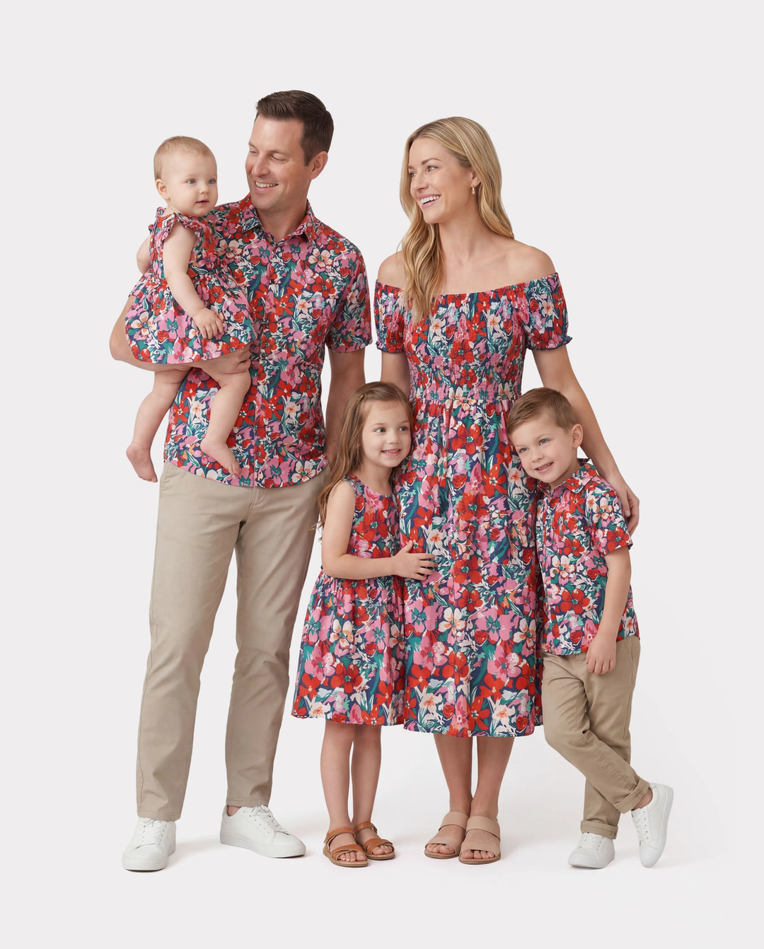 Family Matching Floral Print Short-sleeve Shirt or Off Shoulder Smocking Dresses Set Dark Blue