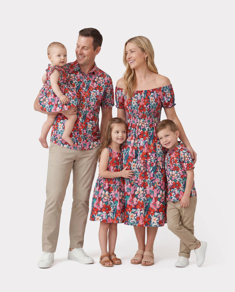 Family Matching Floral Print Short-sleeve Shirt or Off Shoulder Smocking Dresses Set Dark Blue