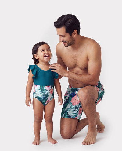 Daddy & Daughter Plant Print Ruffle Trim Spliced One-piece Swimsuit or Swim Trunks Green