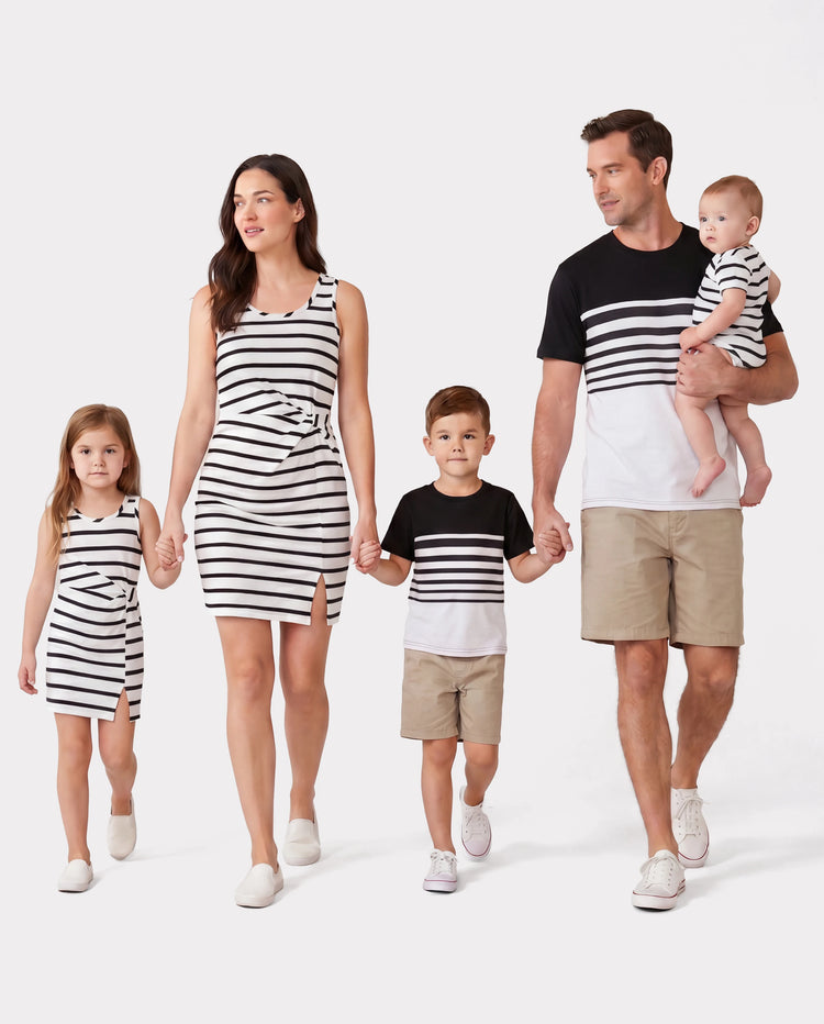 Family Matching Cotton Set Schwarz-weiß gestreiftes T-Shirt oder Träger-Bodycon-Kleid  Schwarz+Weiß