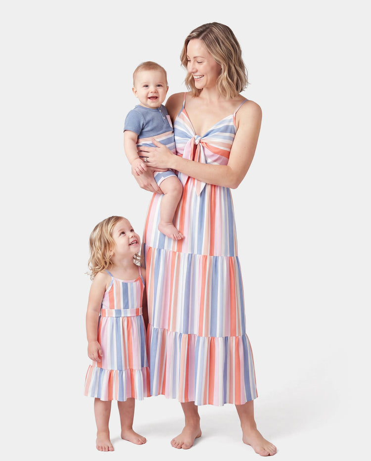 Mommy and Me Family Matching Blue Short-sleeve Tee or Colorful Stripe Camisole Dress Multi-color