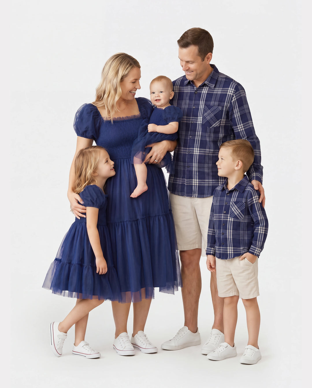 Family Matching Sets Plaid Long Sleeves Shirt or Elegant Shirred Bodice Puff Sleeves Tulle Mesh Dress royalblue