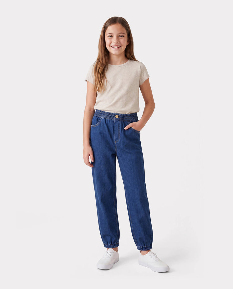 Kids Elastic Waist Denim Pants Soft Stretch Comfortable Everyday Jeans with Pockets Deep Blue