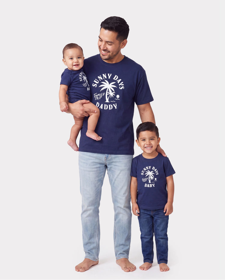 Daddy & Son Cotton T-Shirt & Dress Set – Sunny Days Palm Print for Dad, Mom, Baby & Toddler, Perfect for Summer Vacations & Family Outings Tibetan blue