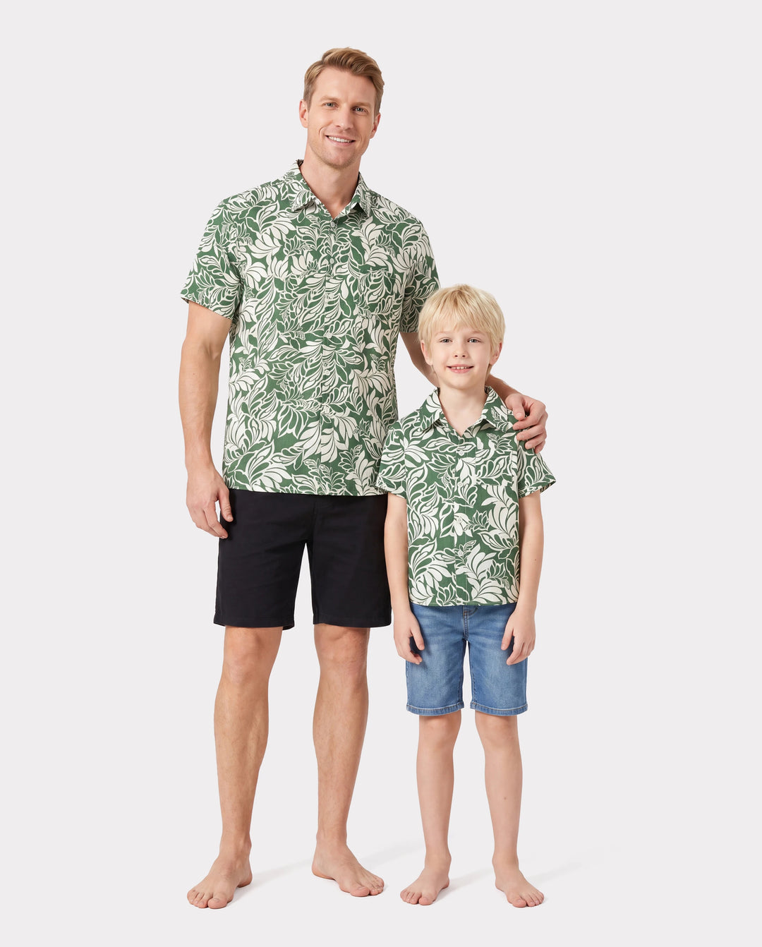 Daddy & Son Kurzarmhemd-Set mit Blattmuster Grün