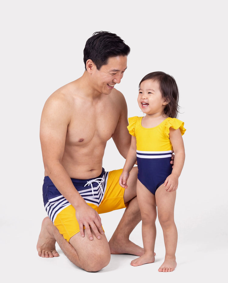 Daddy & Daughter Stripe & Colorblock Spliced One Piece Swimsuit or Swim Trunks Shorts ColorBlock
