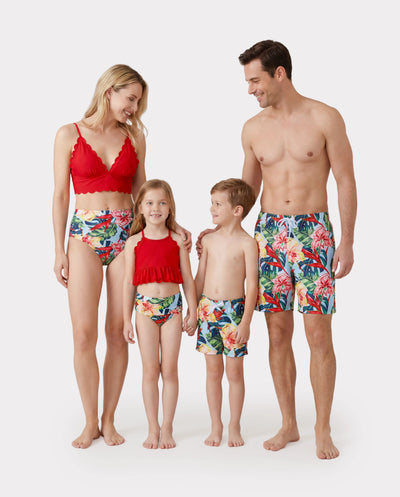Traje de baño familiar con cordón floral a juego o bikini fruncido con borde de concha con cubierta de baño opcional en rojo