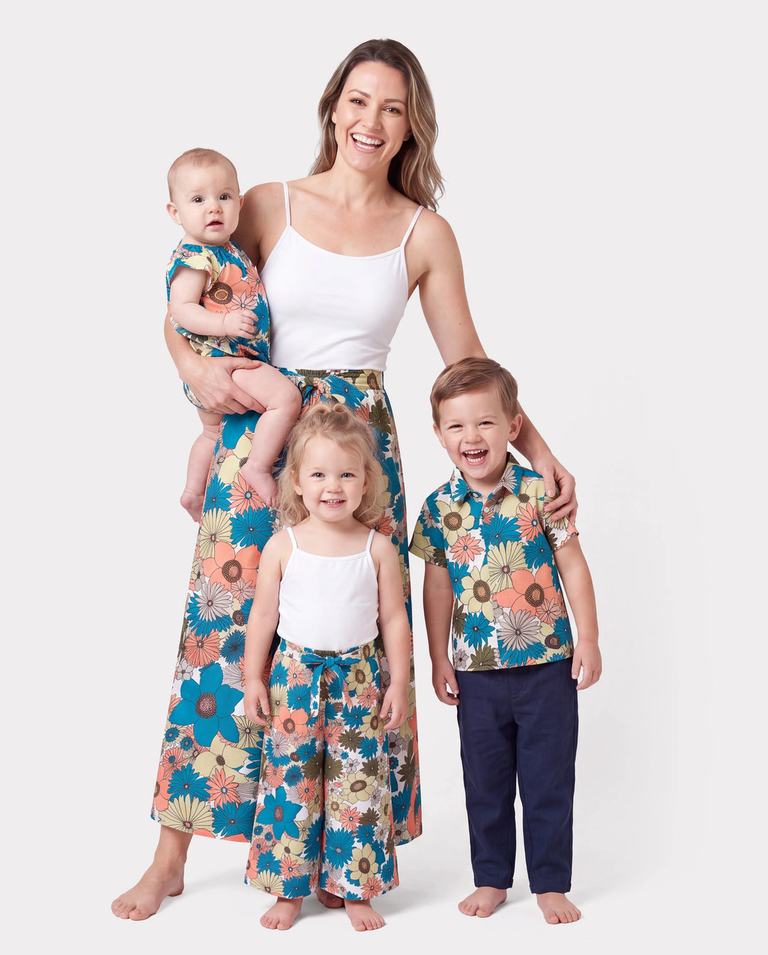 Mommy & me Set Sun Flower Print Short-sleeve Collar Shirt or White Camisole Top and Flower Wide-leg Pants Set for Summer Vacation Multi-color