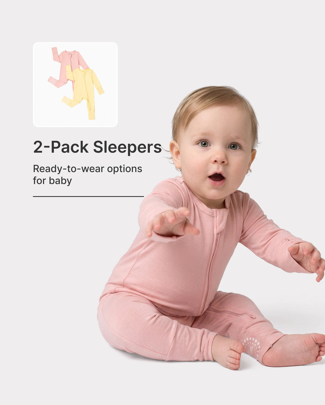 Grenouillères en bambou (lot de 2) pour bébé garçon/fille, fermeture éclair double sens, manches longues, antidérapantes, jaune pâle