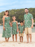 Family Matching Outfits Set Floral Print Short-sleeve Collar Shirt or Strappy Smocked  Dress for Summer Vacation  Green