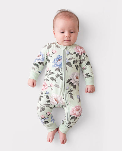Pyjama sans pieds ajusté à fermeture éclair en mélange floral neutre en bambou pour bébé, vert clair
