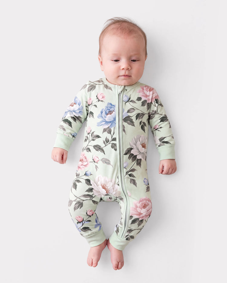 Pijama sin pies ajustado con cremallera y mezcla floral neutral de bambú para bebé Verde claro