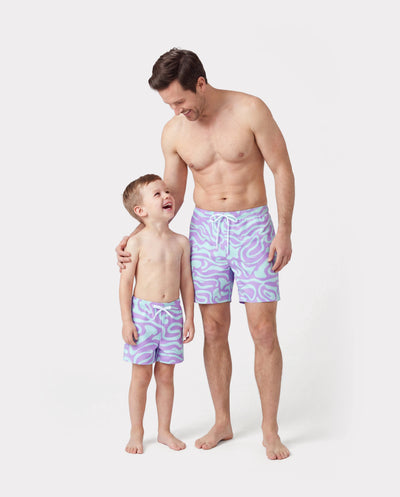 Daddy & Son Trendy Purple & Blue Wave Print Swim Trunks Purple