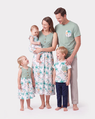 Conjuntos a Juego para Familia Estampado Tropical Vestido Tank para Mamá y Yo y Camiseta de Algodón para Papá/Niños
 Verde