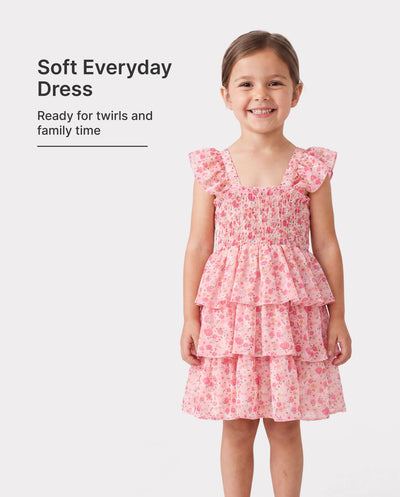 Kleinkind Mädchen süßes gesmoktes ärmelloses Kleid mit Blumendruck rosa