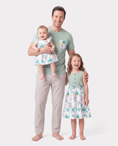 Daddy & Me Tropical Print Outfits,Daughter Tank Dress & Dad Cotton T-Shirt Set Green