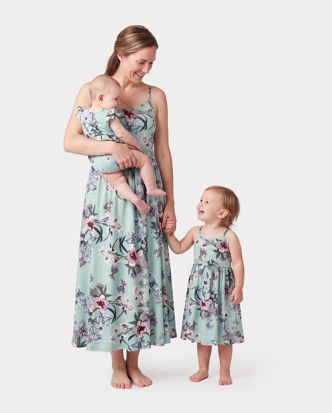 Mommy & me Sets Green Striped Polo Shirt or Flora Print Strap Belted Dress Light Green