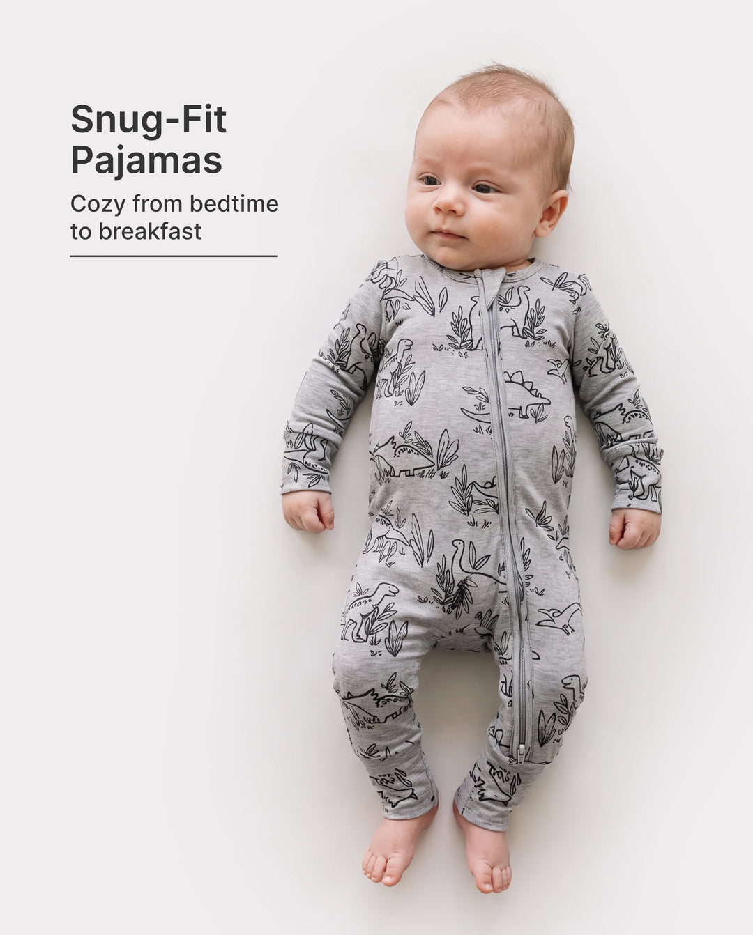 Pyjama bébé garçon/fille en laine à imprimé végétal, zippé et ajusté, gris