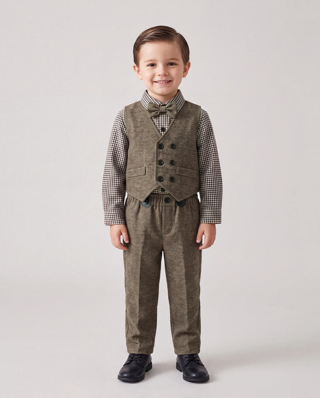 3PCS Baby Boy Elegant Grid/Houndstooth Shirt Collar Long Sleeve Set Brown