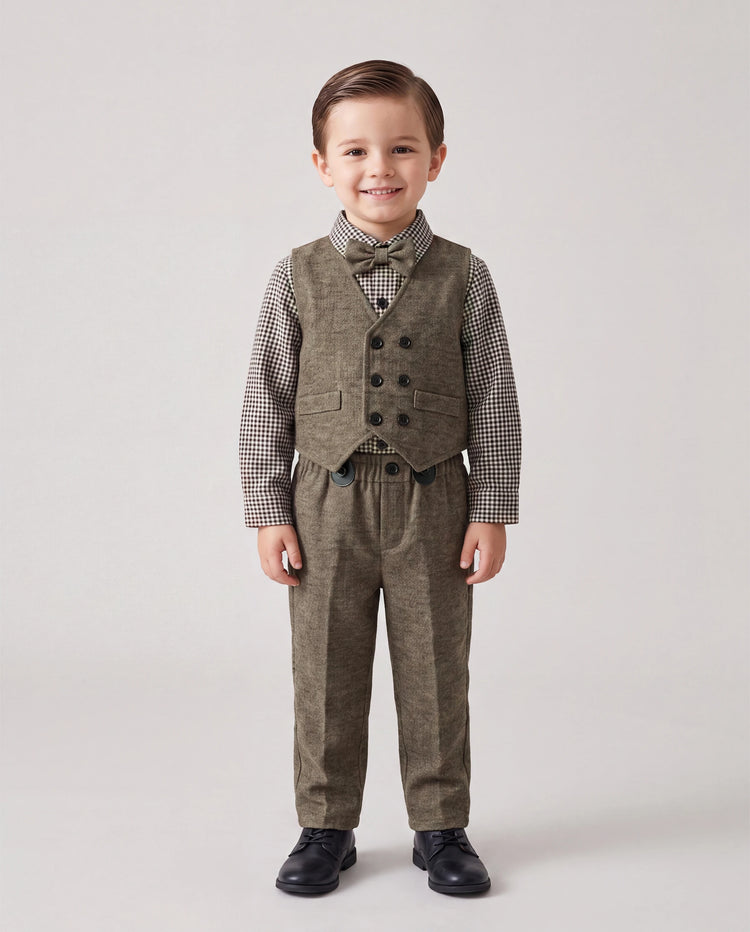 3PCS Baby Boy Elegant Grid/Houndstooth Shirt Collar Long Sleeve Set Brown