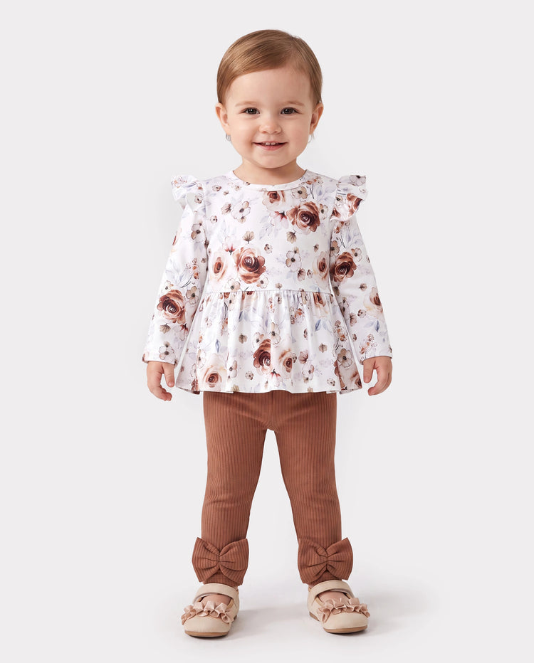 Baby Girl Clothes 2PCS Sweet Big Flower Flutter Sleeve Set Brown
