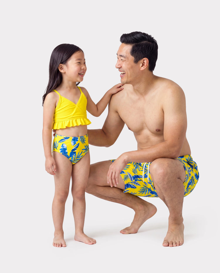Daddy & Daughter Yellow Leaf Print Swim Trunks or Ruched Flutter Sleeve Bikini with Optional Swim Cover Up Yellow