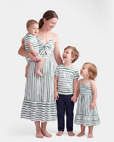 Mommy & me Cotton Outfits Set Green Striped T-Shirt and Dress Set for Dad, Mom, Kids & Baby, Perfect for Summer Family Outings & Photos Green