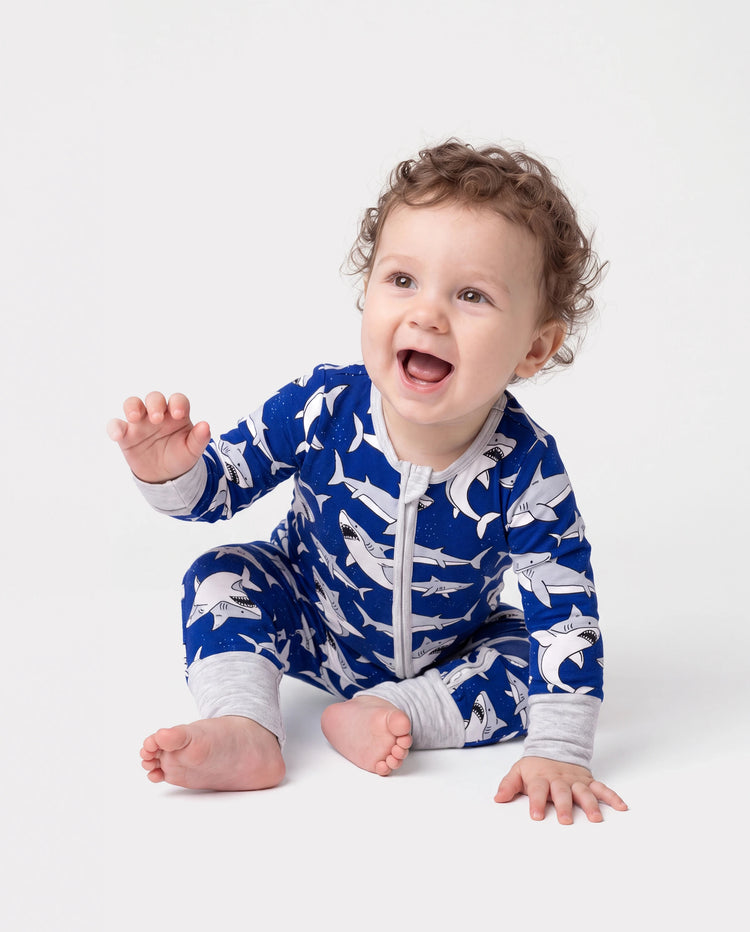 Pijamas de bambú para bebé niño/niña con estampado de dibujos animados, cremallera 2 vías, antideslizantes, de manga larga con pies Azul oscuro