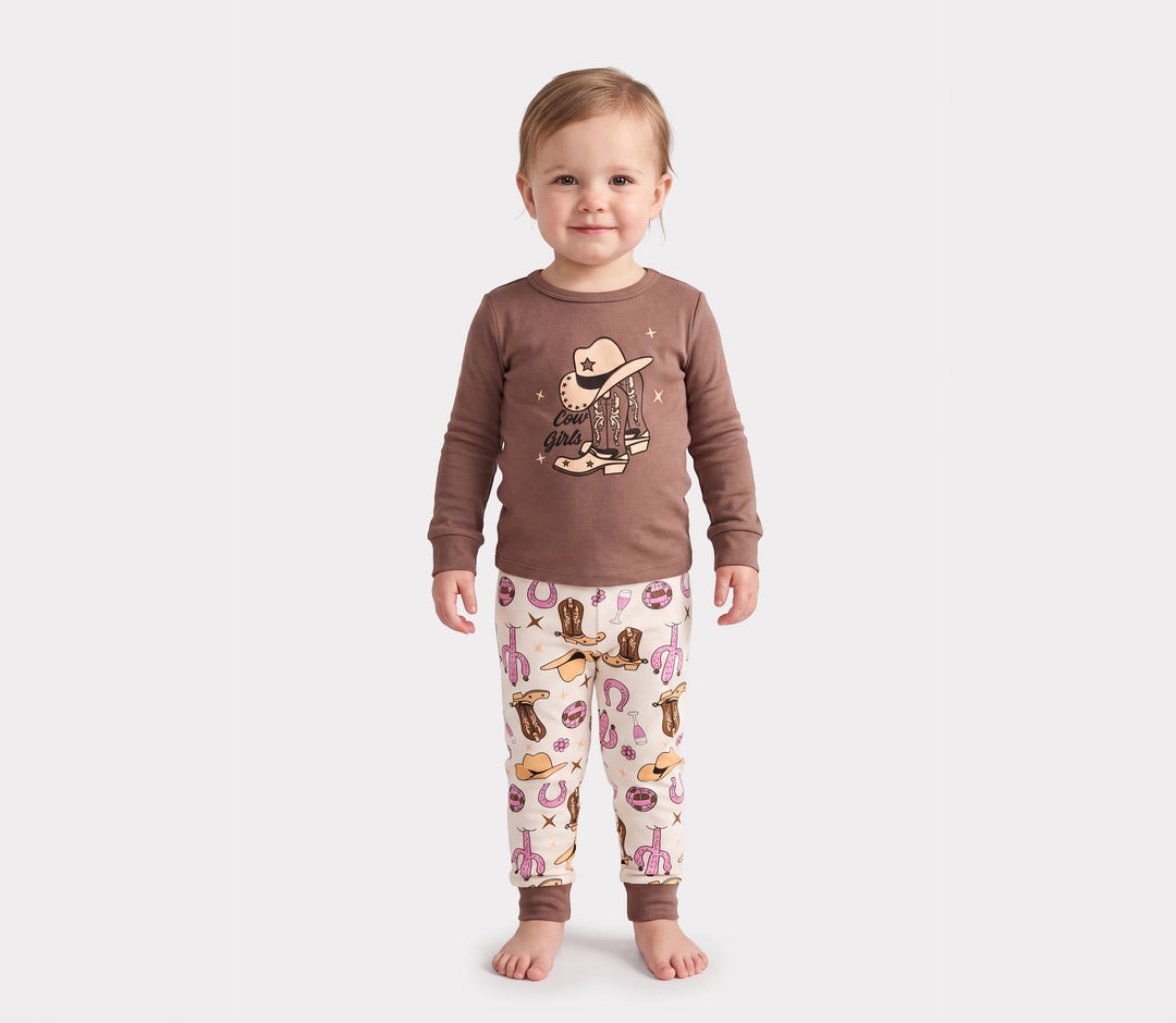 Toddler / Kids 4-piece Organic Cotton Pajamas 4-in 1 Snug fit PaJama Set for Girls Brown