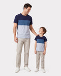 Daddy & Son Outfits Blue Floral Print Dress & Color Block Tee Set, Mommy Daddy and Me Summer Beach Vacation Coordinates Blue