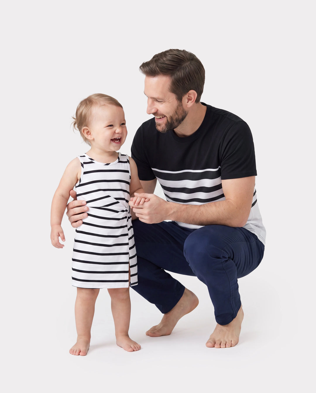 Daddy & Daughter Cotton Set Black and White Stripe T-shirt or Strap Bodycon Dress Black+White