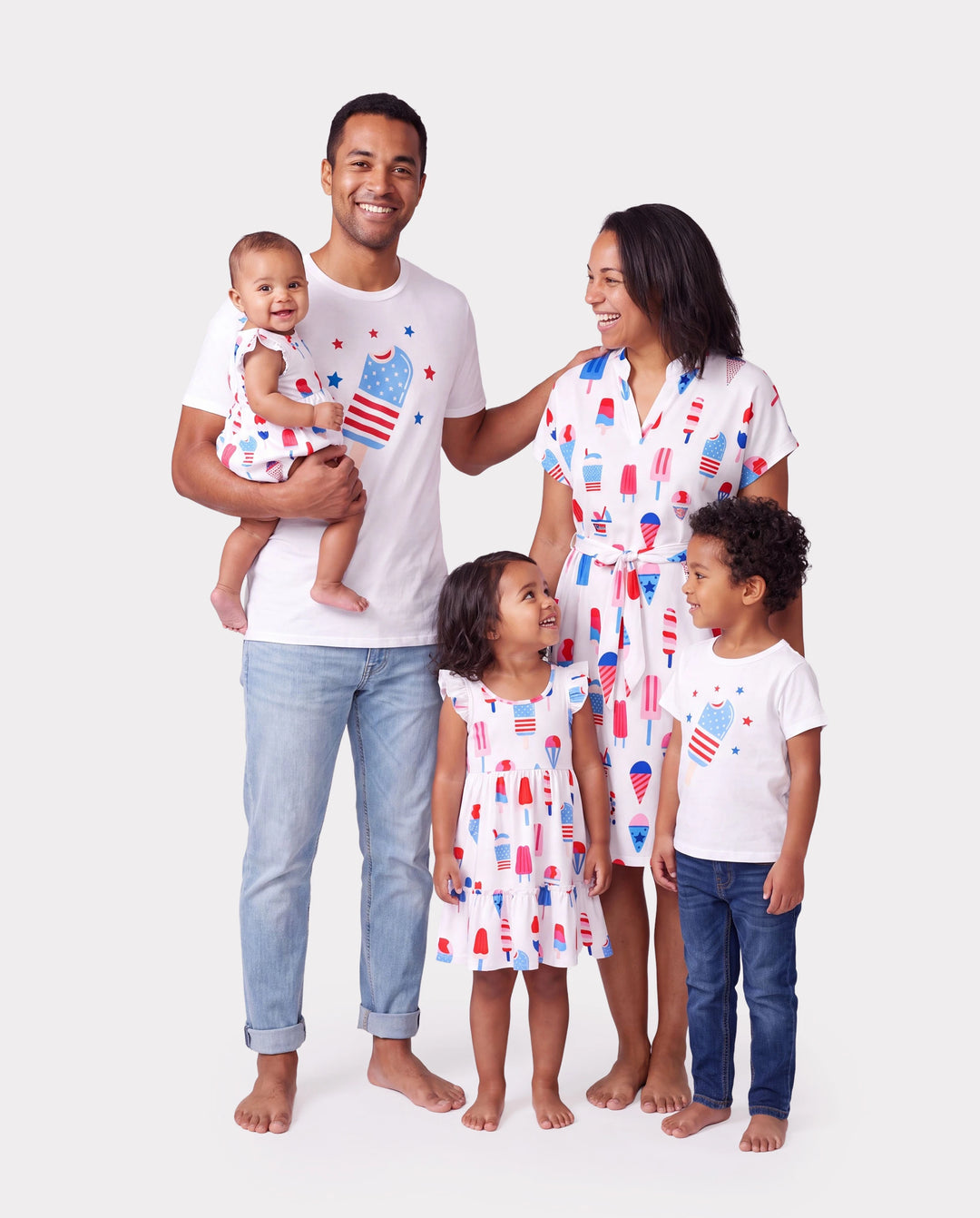 Independence Day Family Matching Patriotic Ice Cream Print Summer Cotton T-shirt & V-Neck Dresses White