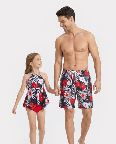 Ensembles papa et fille Maillot de bain short imprimé floral tropical ou maillot deux-pièces dos nu noir