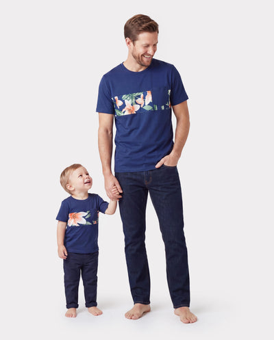 Daddy and Me Family Matching Sets Floral Panel Short-sleeve T-shirts or All Over Floral Print V Neck Spaghetti Strap Midi Dresses with Hidden Snap royalblue