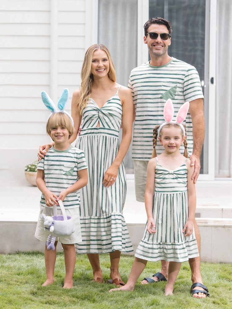 Family Matching Cotton Outfits Set Green Striped T-Shirt and Dress Set for Dad, Mom, Kids & Baby, Perfect for Summer Family Outings & Photos Green