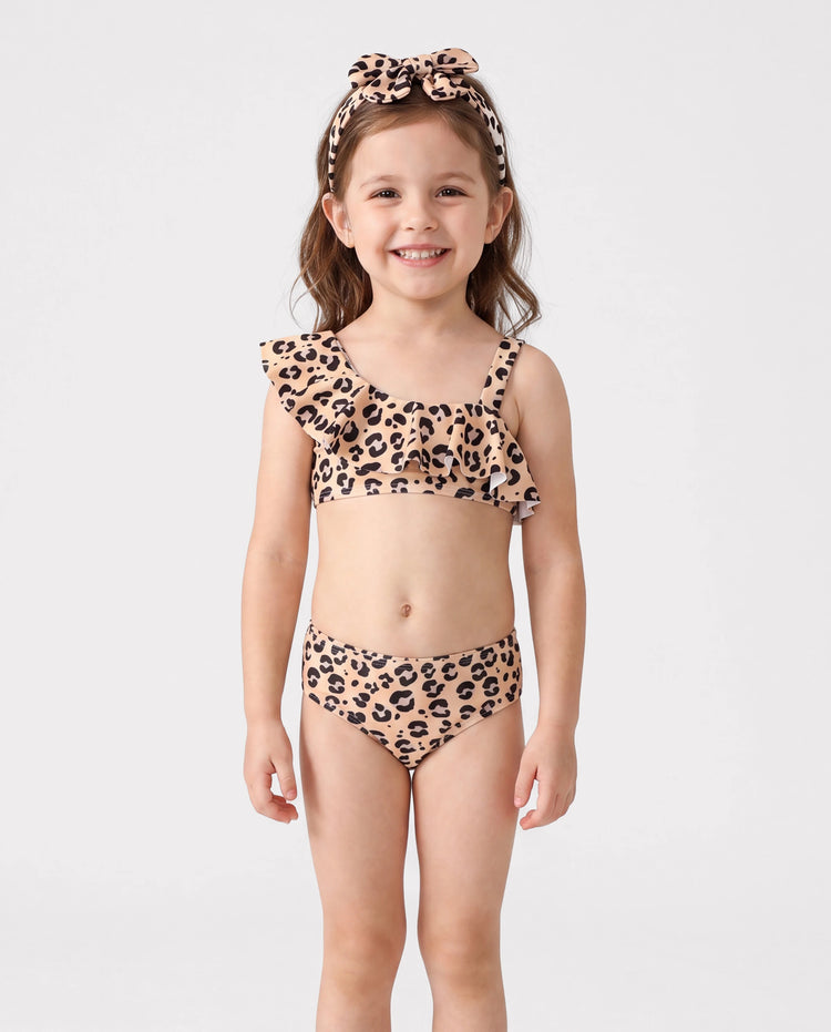 3Pcs Toddler Girl Leopard Print Ruffled Two-piece Swimsuit Set Colorful