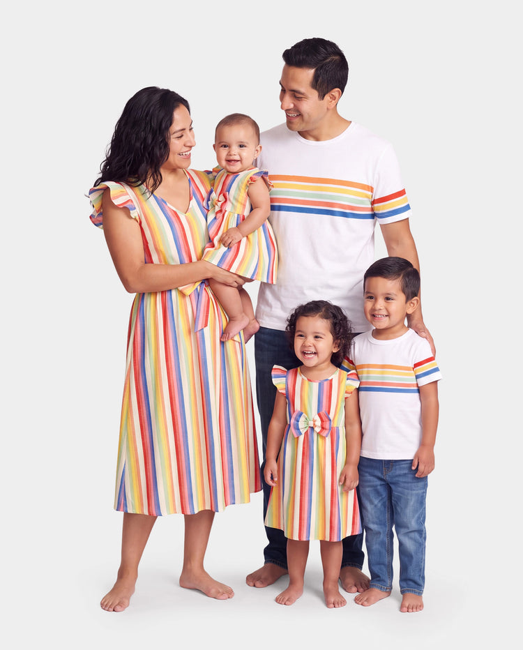 Family Matching Colorful Striped V Neck Flutter-sleeve Dresses and Short-sleeve T-shirts Sets COLOREDSTRIPES