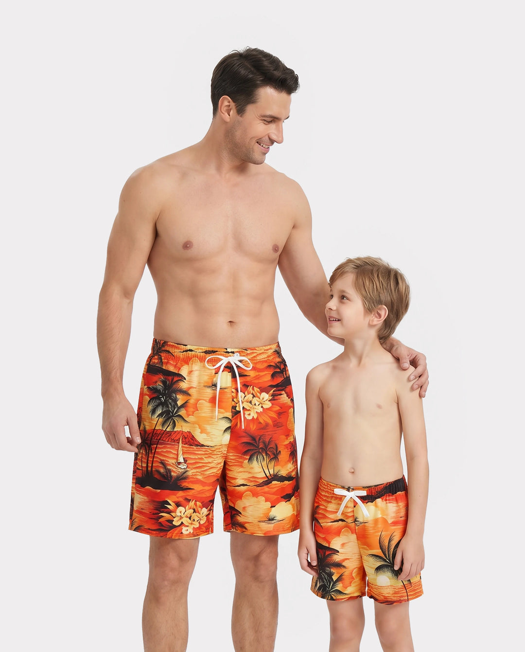 Conjuntos de baño tropical hawaiano de Papá y Hijo Ropa de baño naranja