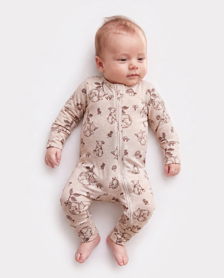 Pijama de lana ajustado con cremallera y estampado de plantas para bebé niño/niña, color albaricoque